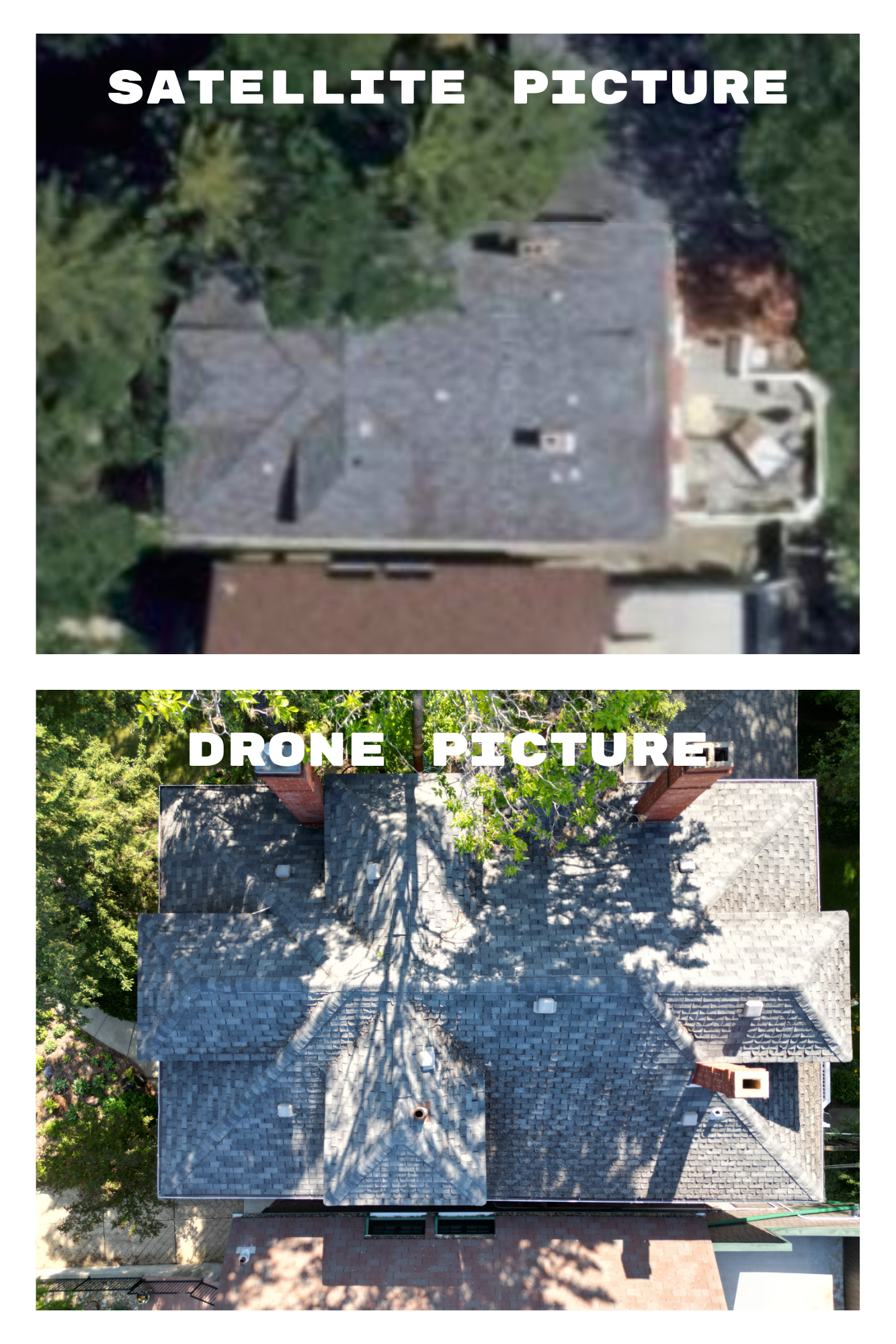 Comparison of two aerial photos showing the same house. The top photo is labeled "SATELLITE PICTURE" and shows a house with a plain roof surrounded by trees. The bottom photo is labeled "DRONE PICTURE" and shows the same house with a detailed, shingled roof, trees casting shadows, and a clearer view of surrounding structures.