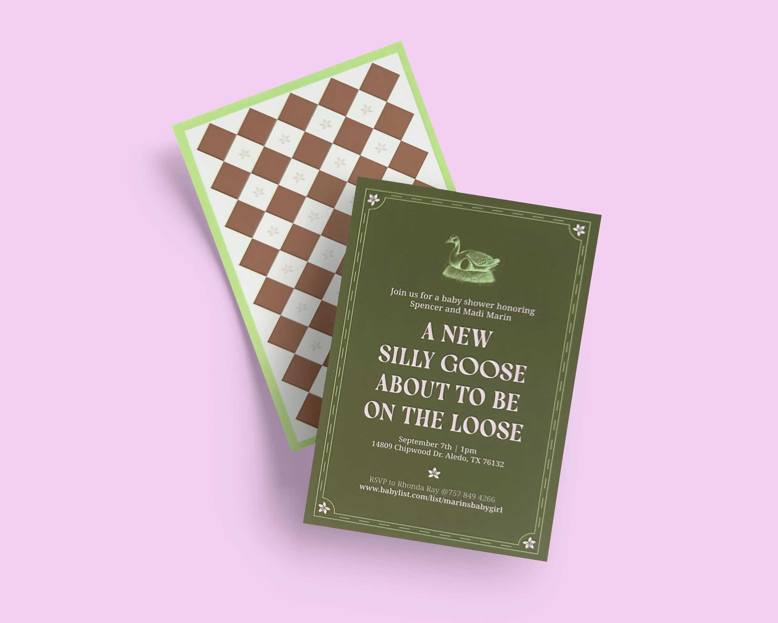 Invitation for a baby shower with a green background, white duck illustration, and text about celebrating a new baby, with a green and white checkered board game in the background.