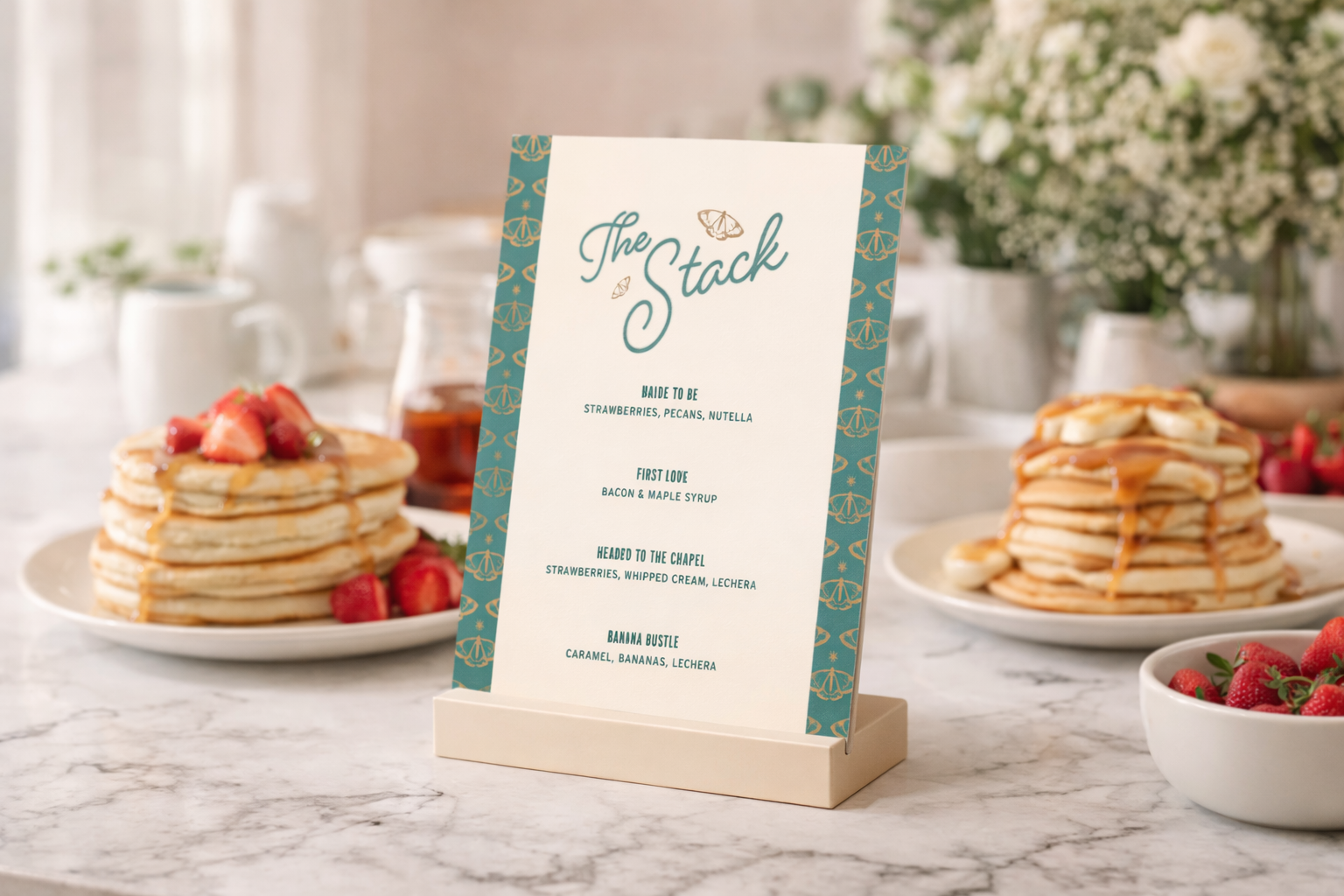 A table with a sign titled 'The Stack' listing pancake toppings such as strawberries, pecans, Nutella, bacon, maple syrup, whipped cream, and Lechera. Two stacks of pancakes topped with strawberries and syrup are on plates, with a bowl of strawberries nearby.