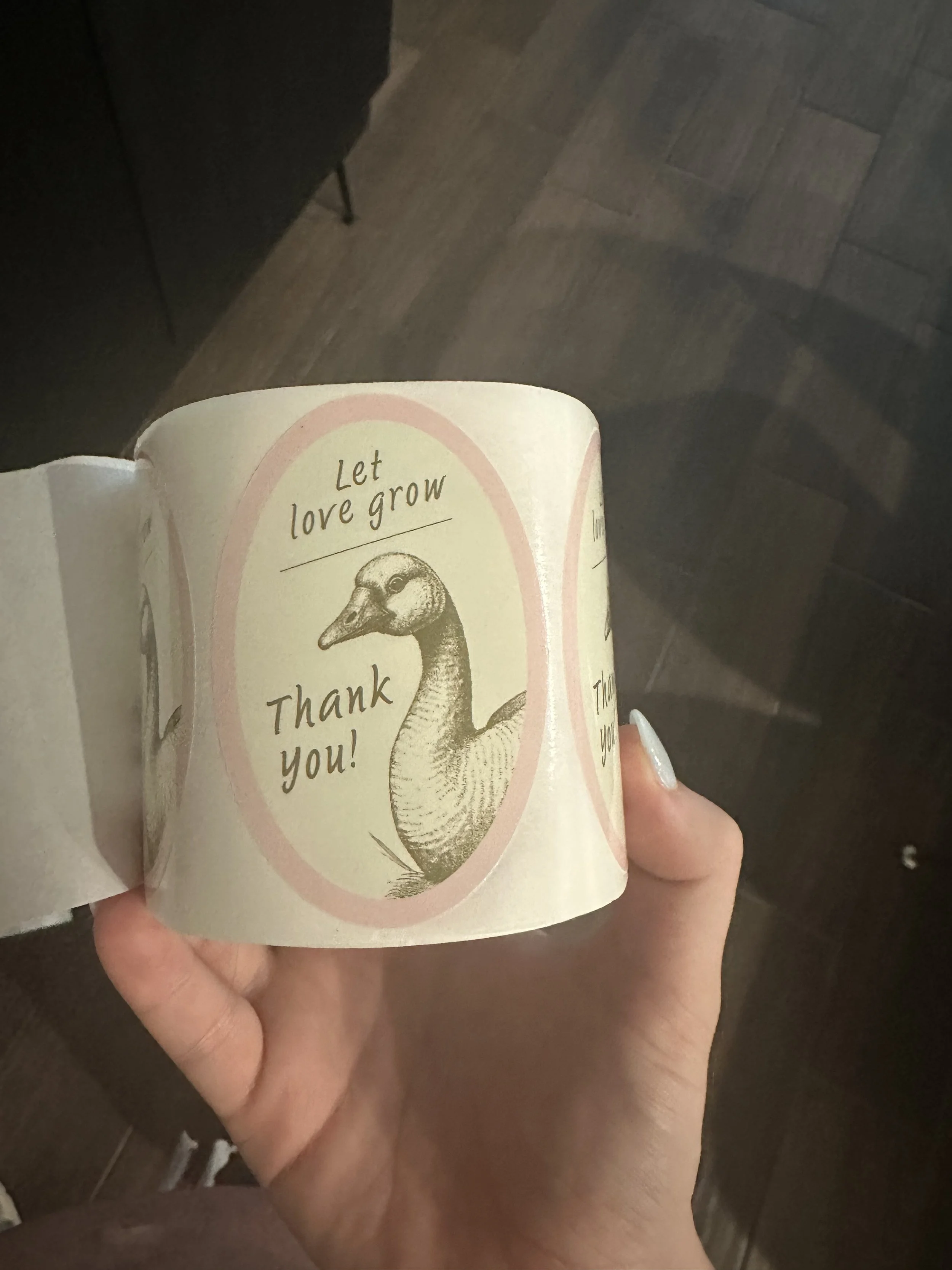 A hand holding a roll of decorative paper or sticker with a vintage-style illustration of a goose. The paper features the text "Let love grow" and "Thank you!"