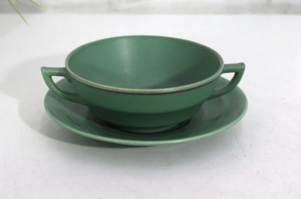 Wedgwood Green Two-Handled Soup Cup And Saucer England Classic Tableware