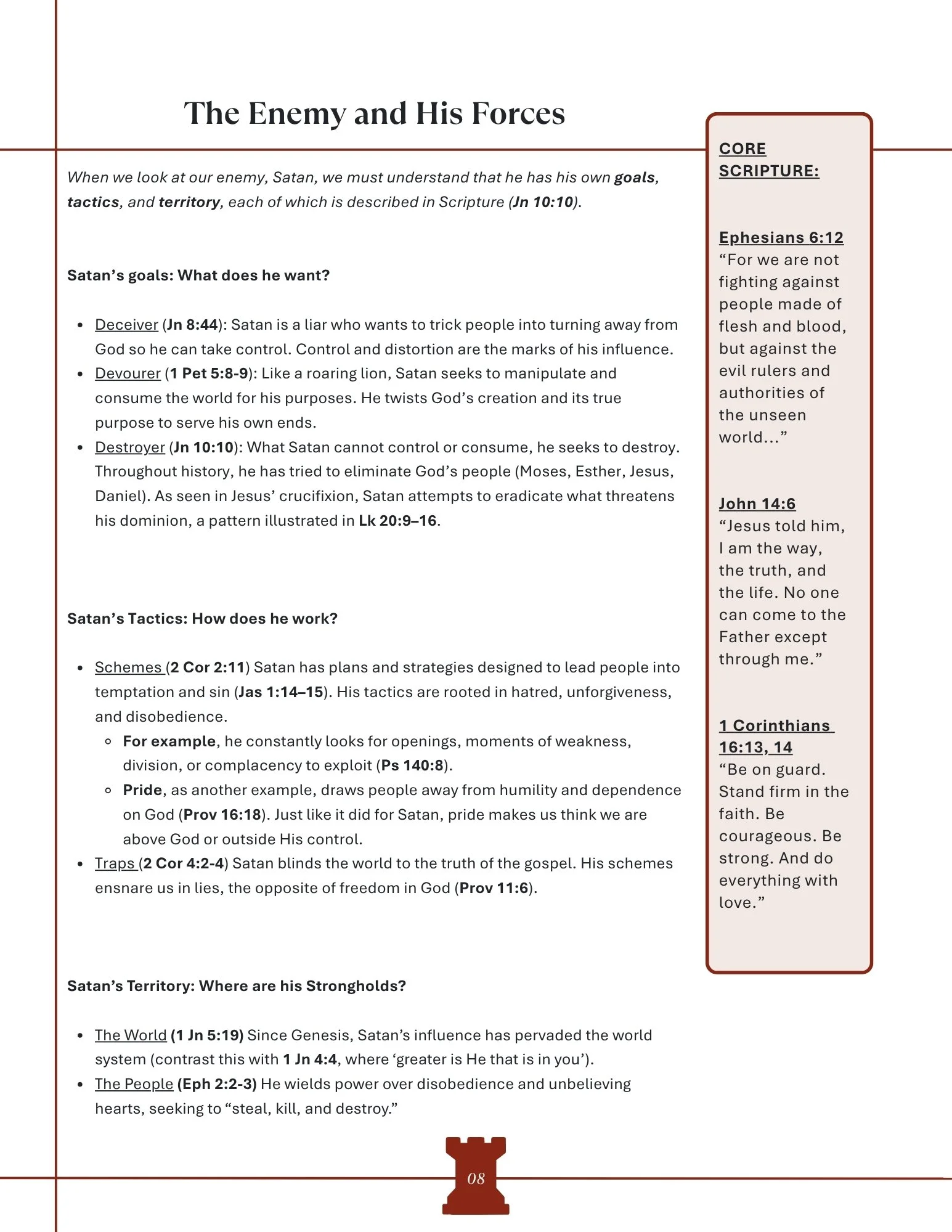 A page from a religious or biblical study guide with the title "The Enemy and His Forces." It contains sections on Satan's goals, tactics, territory, and strongholds, with references to scripture. The page also features a decorative icon resembling a brown castle or battlement at the bottom, and a footer with the page number "08."