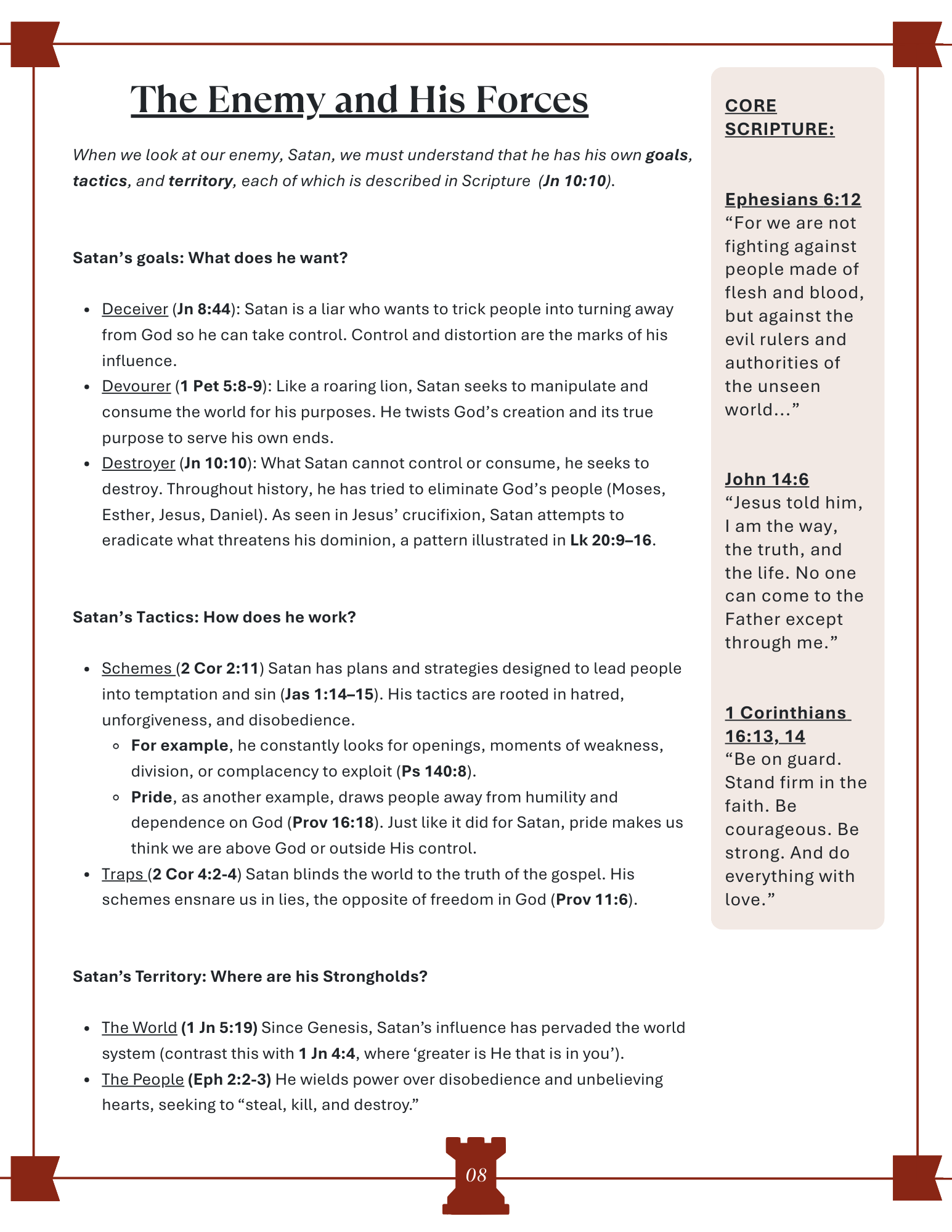 A page from a Bible study guide titled 'The Enemy and His Forces' includes sections on Satan's goals, tactics, territory, and strength, with scripture references and explanations.