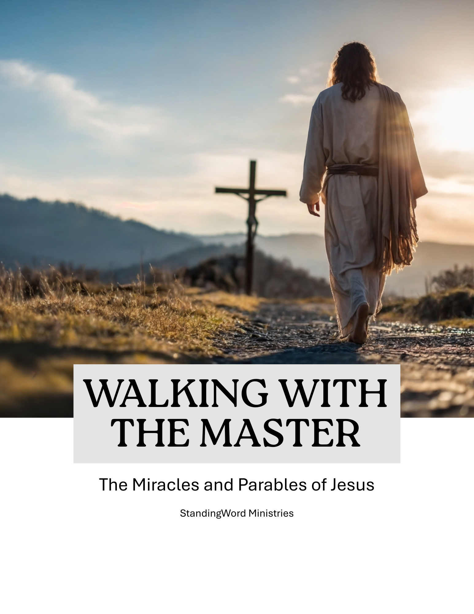 A person dressed in biblical robes walking toward a cross on a dirt path at sunset, with mountains in the background.