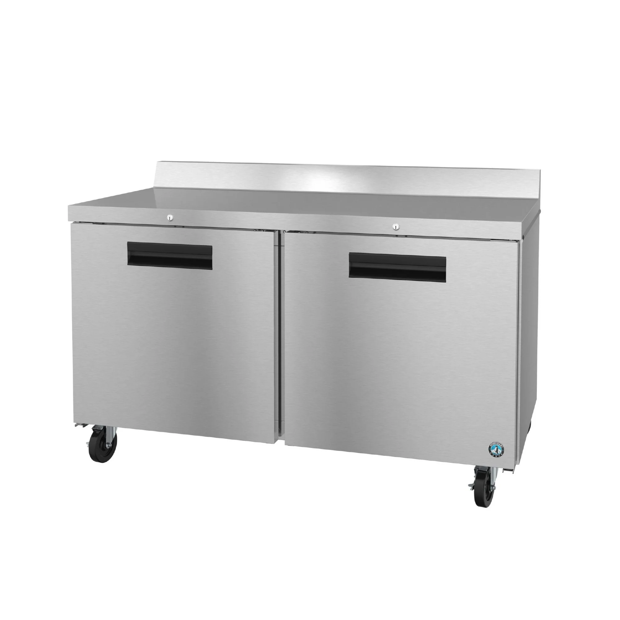Stainless steel commercial freezer with two doors and castor wheels.
