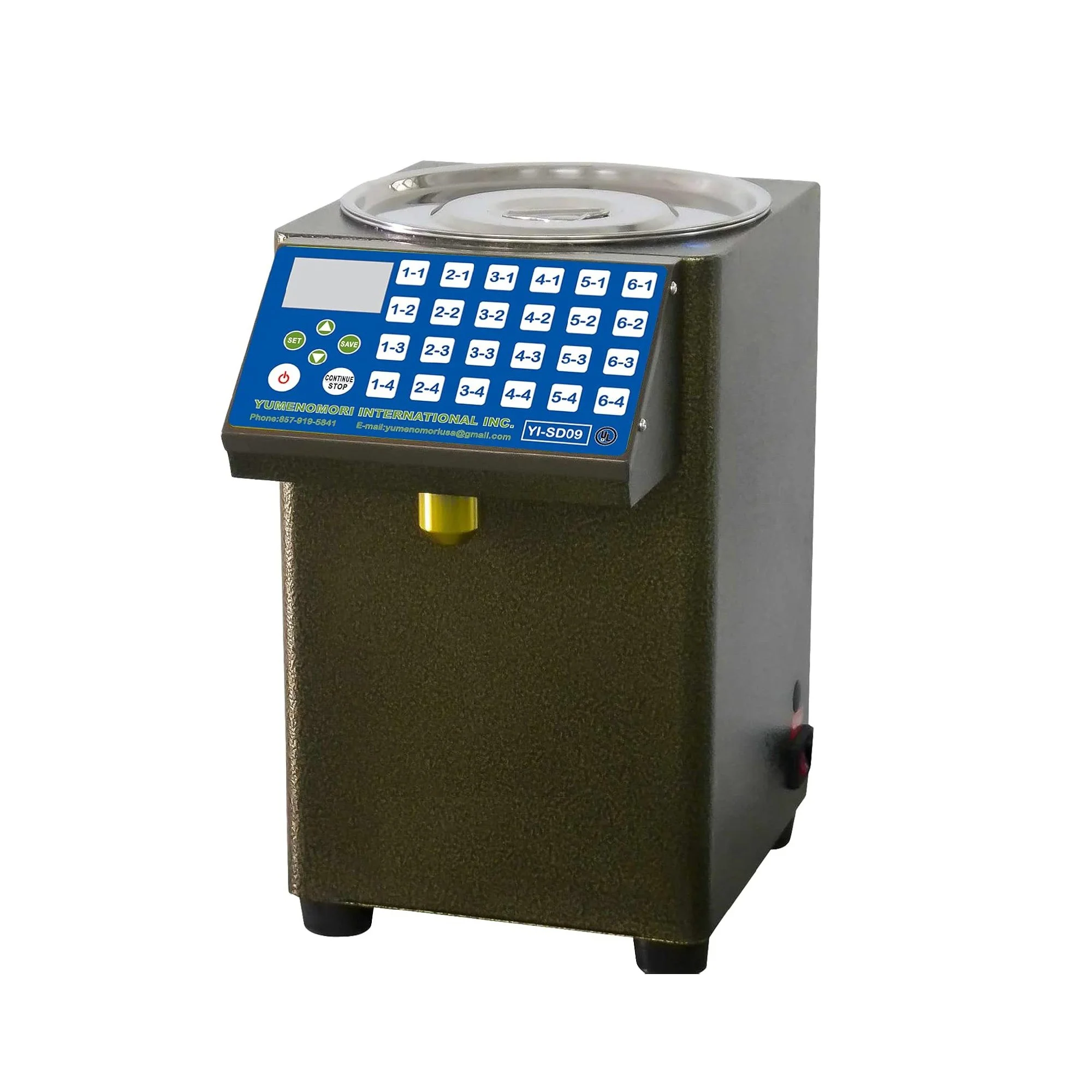 A small countertop machine with a digital display, numeric keypad, and a stainless steel bowl on top, used for creating or dispensing food or beverages.