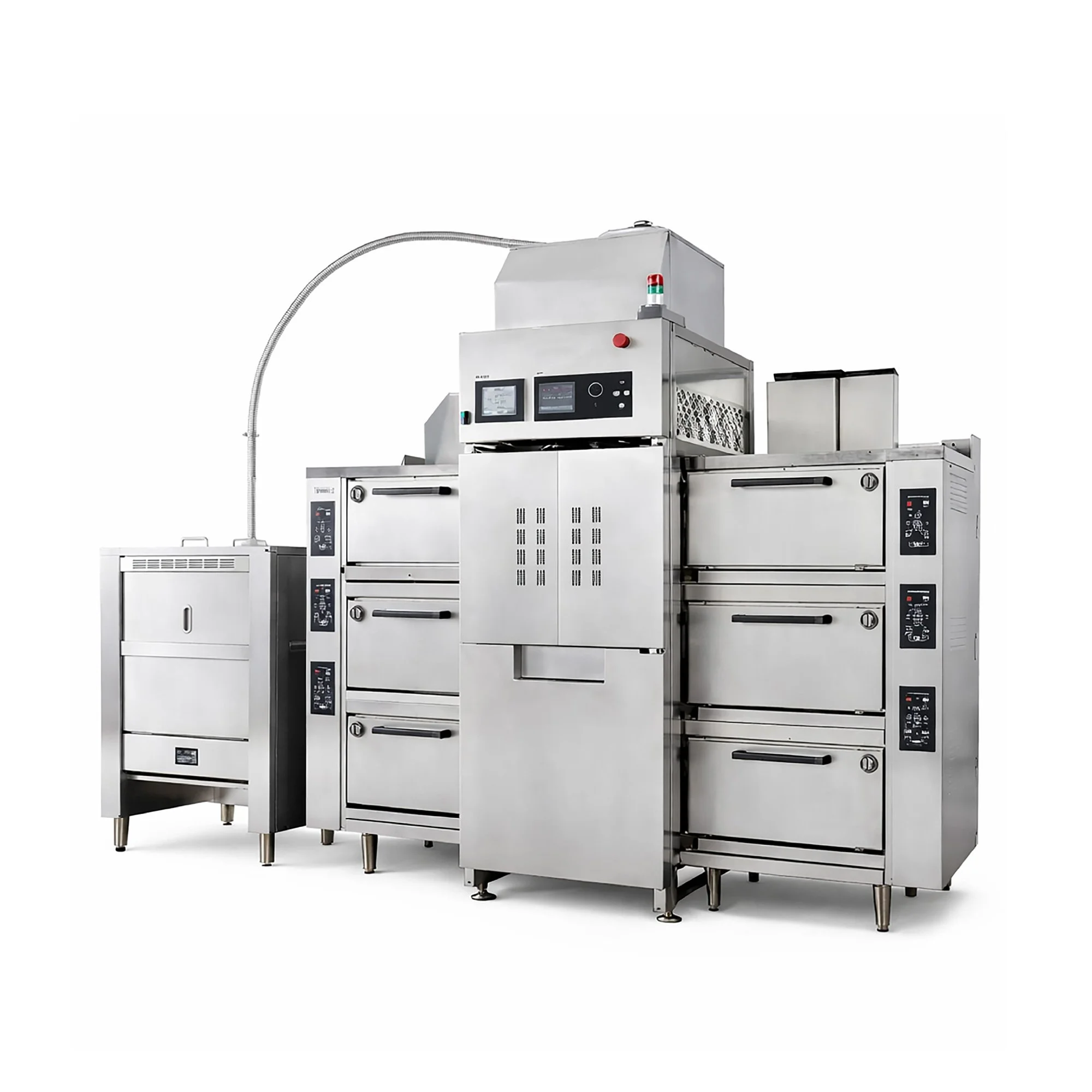 A large industrial food processing machine made of stainless steel, with multiple compartments and control panels.