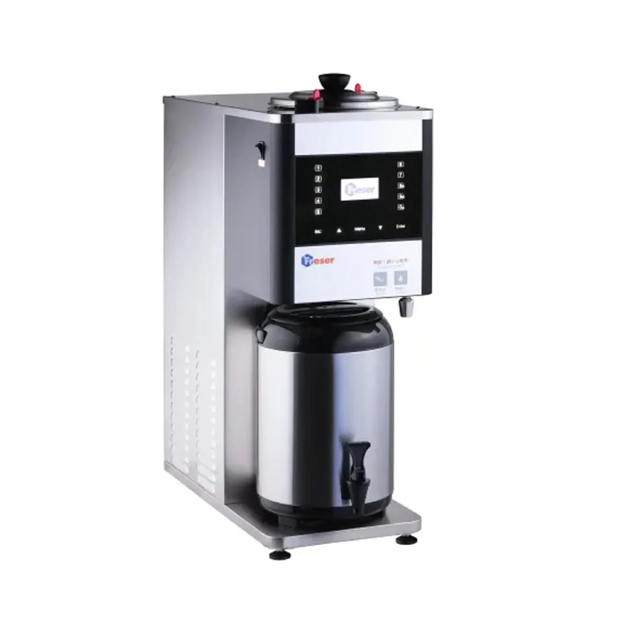 A modern tea or coffee dispenser with a digital control panel and a stainless steel water container.