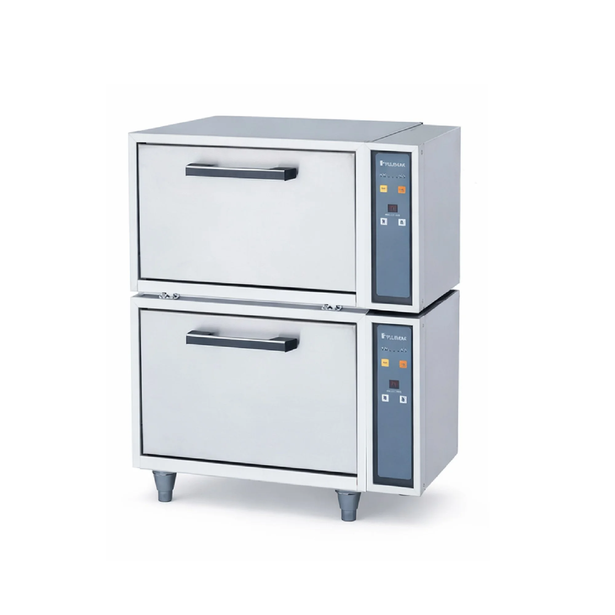 Two stainless steel oven units stacked vertically, each with a black handle and control panel on the right side.