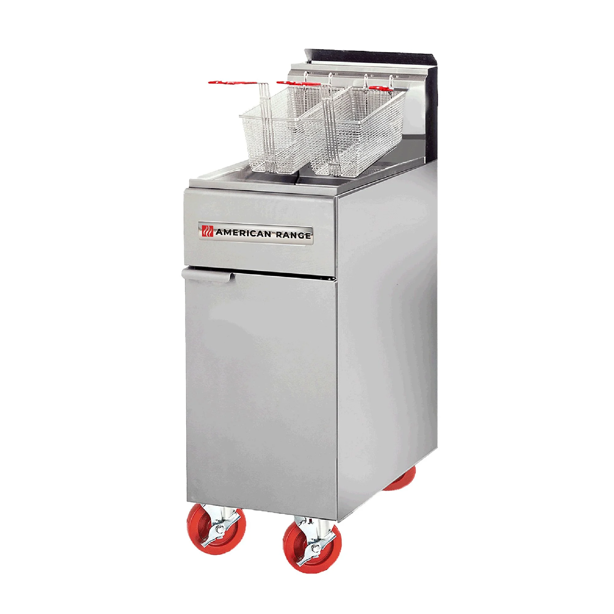 A commercial deep fryer on wheels with baskets for frying food.