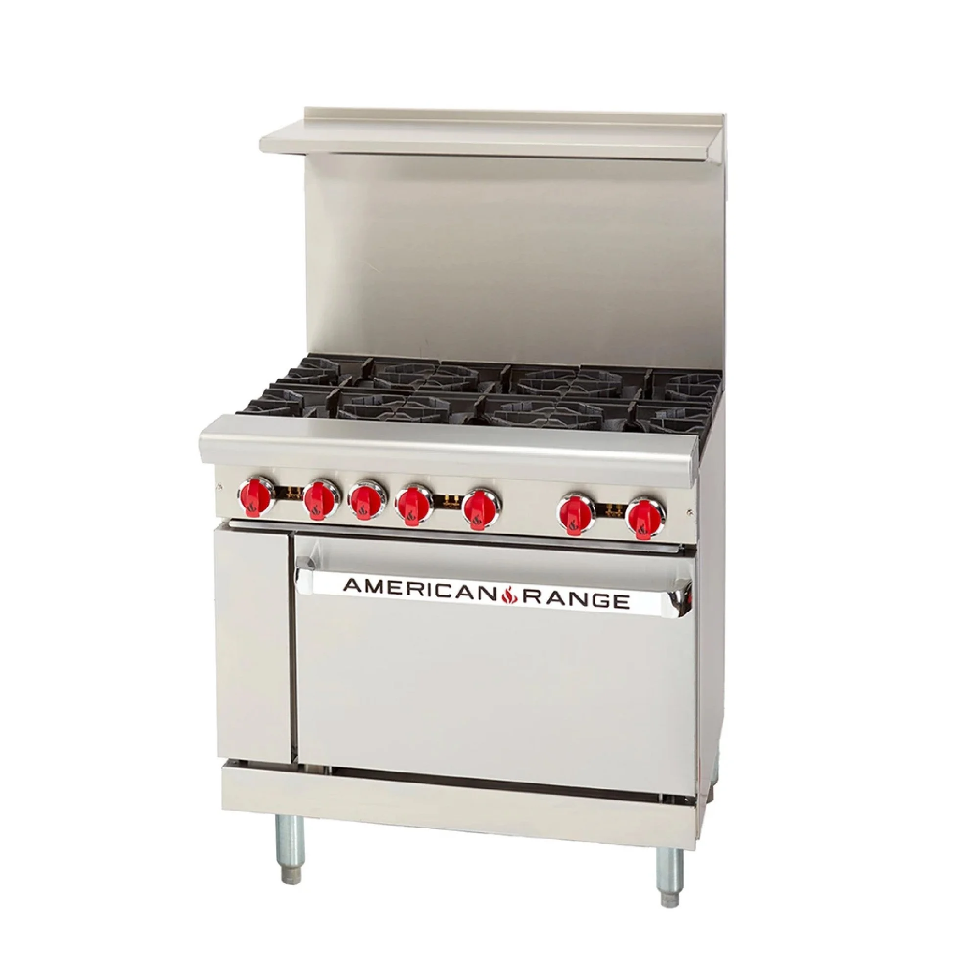 A stainless steel commercial gas stove with six burners, red control knobs, and a label that says 'American Range'.