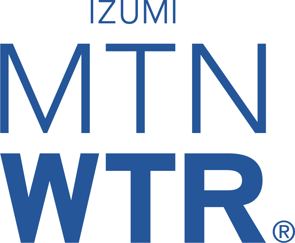 The image contains the text 'IZUMI MTN WTR' in large, bold blue letters on a white background.