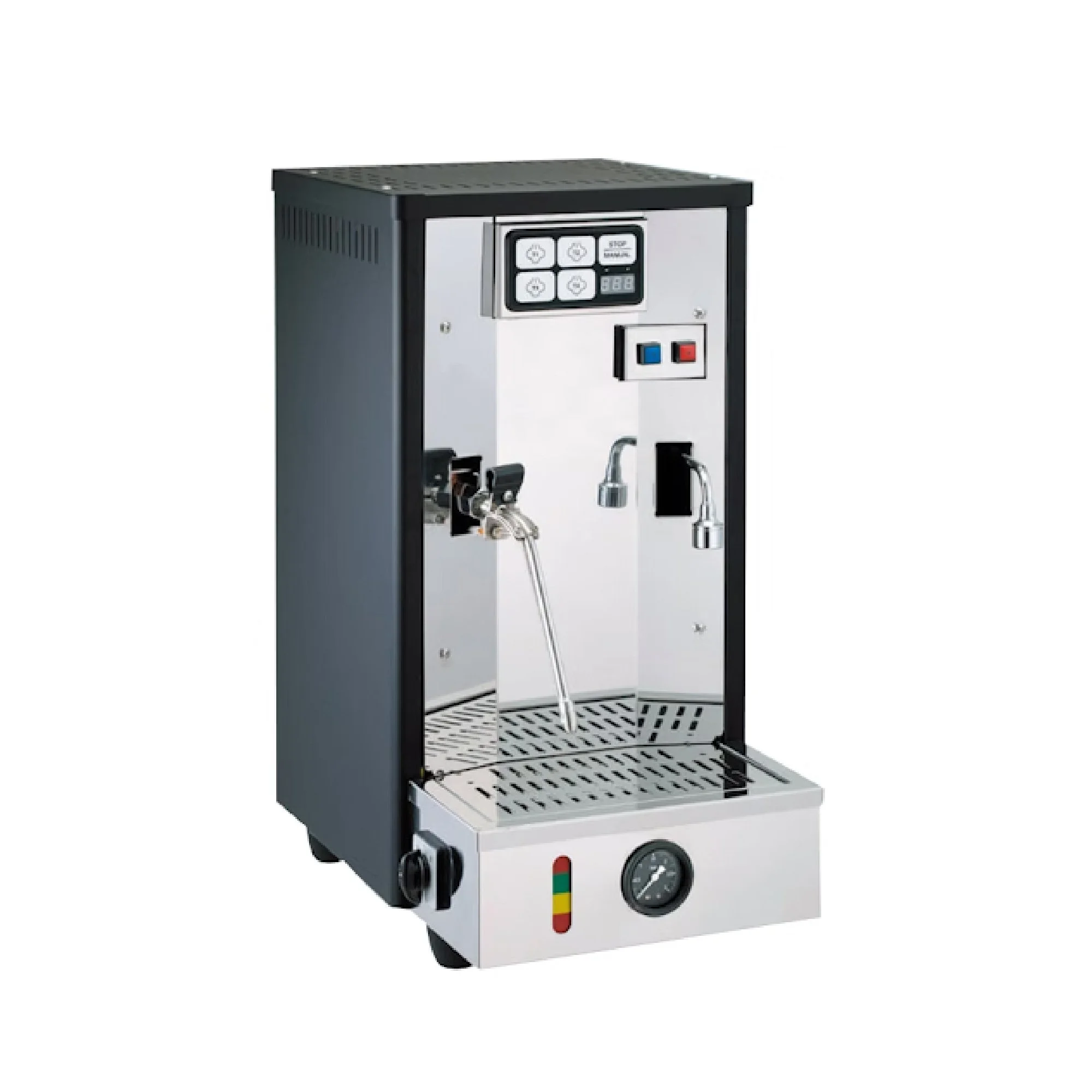 A hot and cold water dispenser machine with digital controls and temperature gauges.