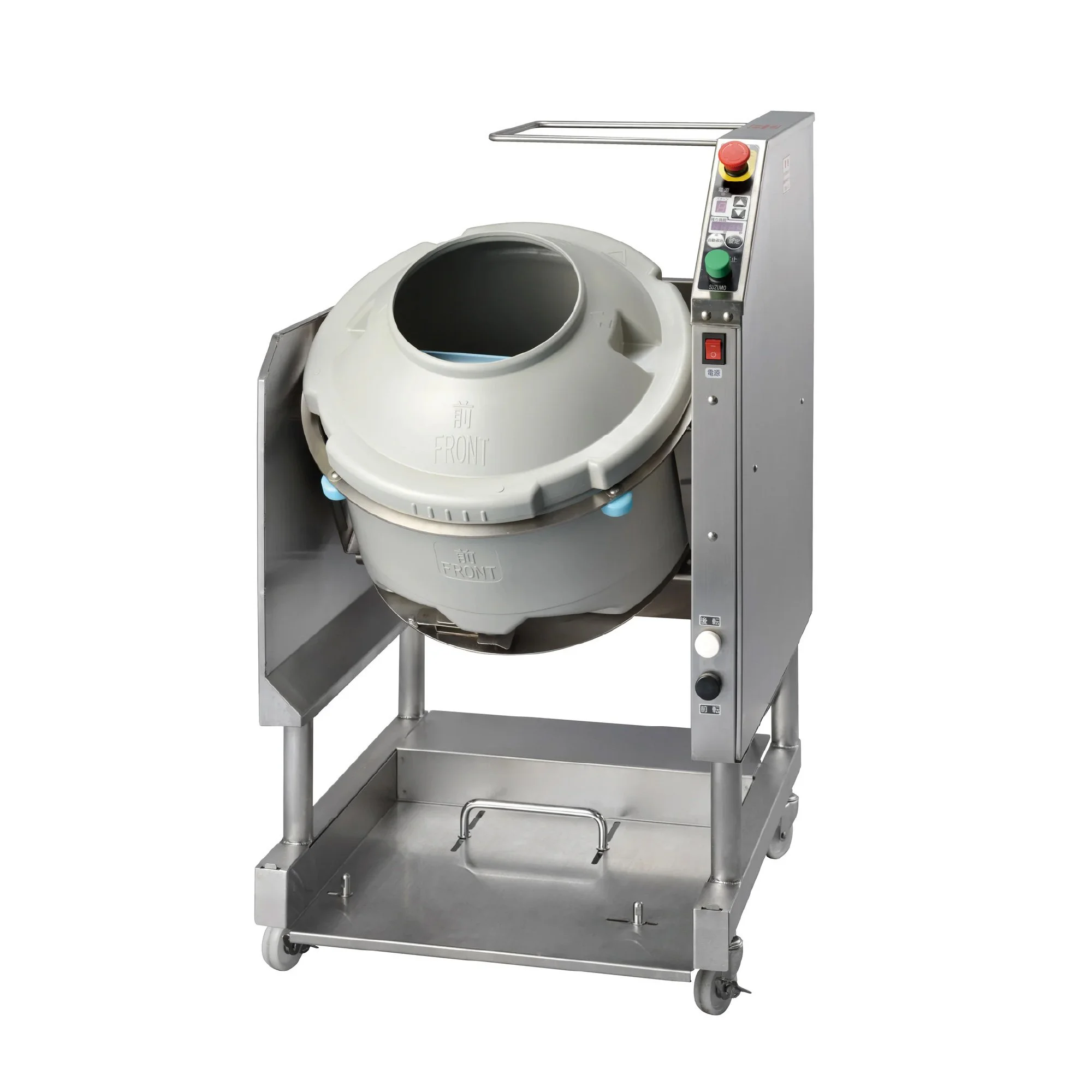 A robotic medical device, likely a sterilizer or processing machine, with a large circular opening, control panel with buttons and switches, on a metal stand with wheels.