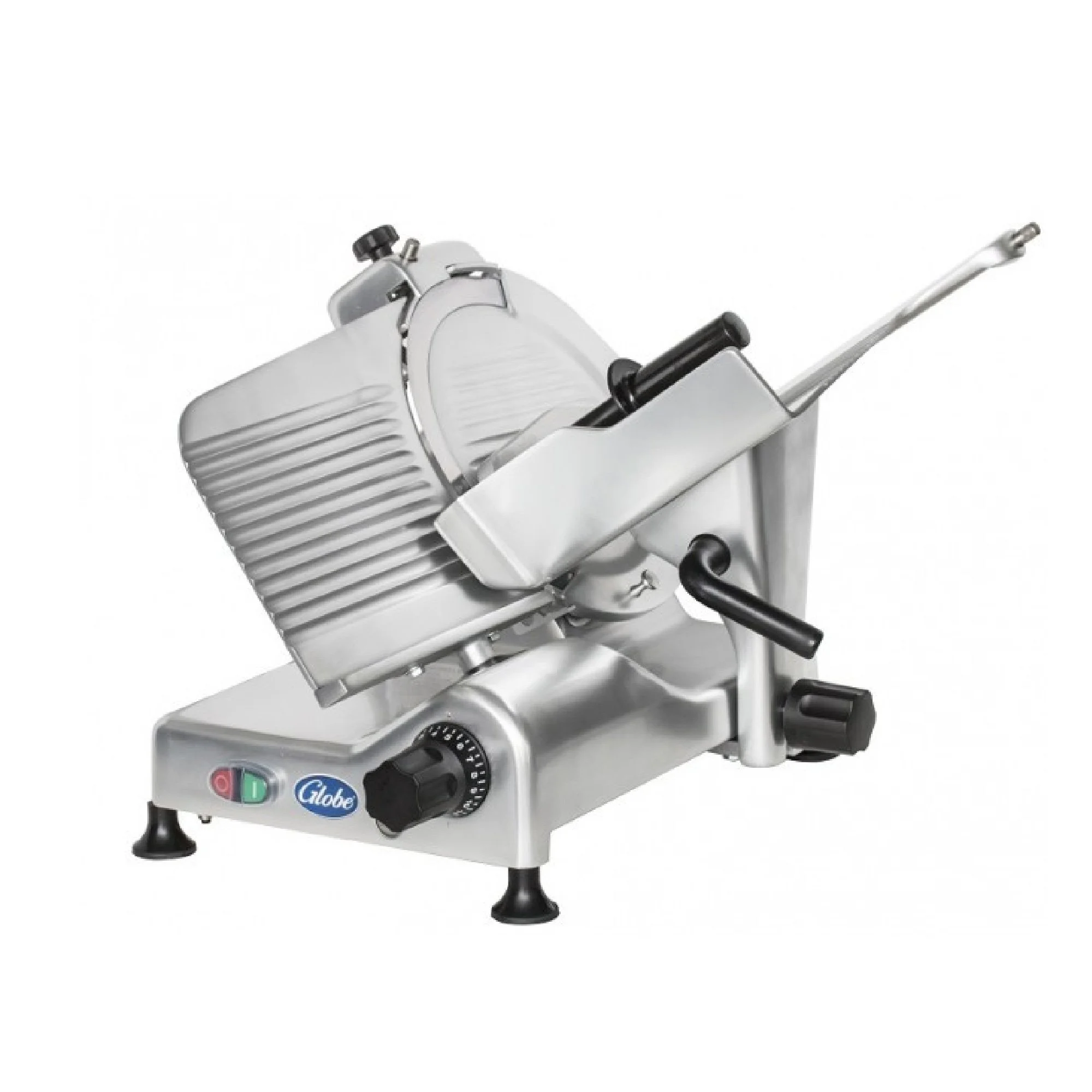 Commercial meat slicer on a white background.