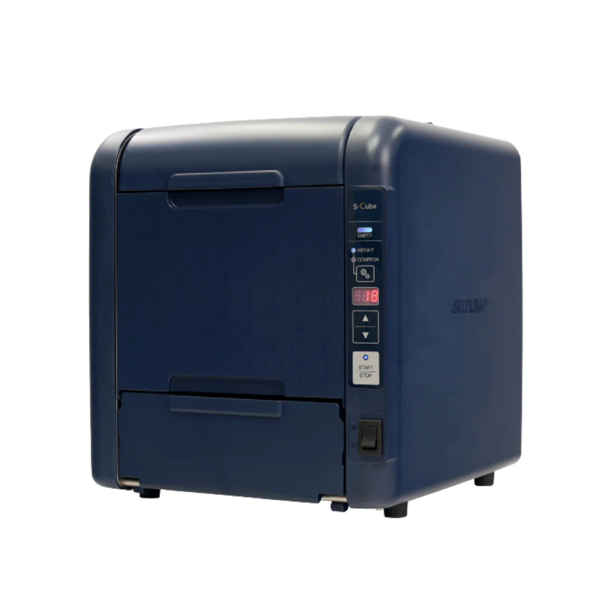 A blue countertop autoclave sterilizer with control panel, digital display, and start button.
