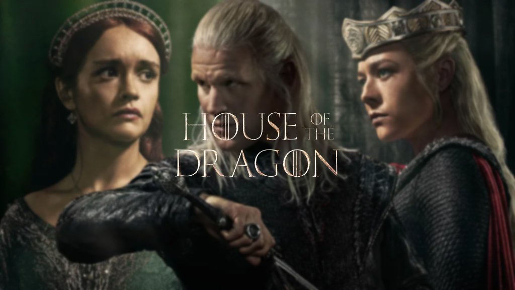 Three women dressed in medieval fantasy costumes, with one in the center holding a sword, and the text 'House of the Dragon' overlaid.