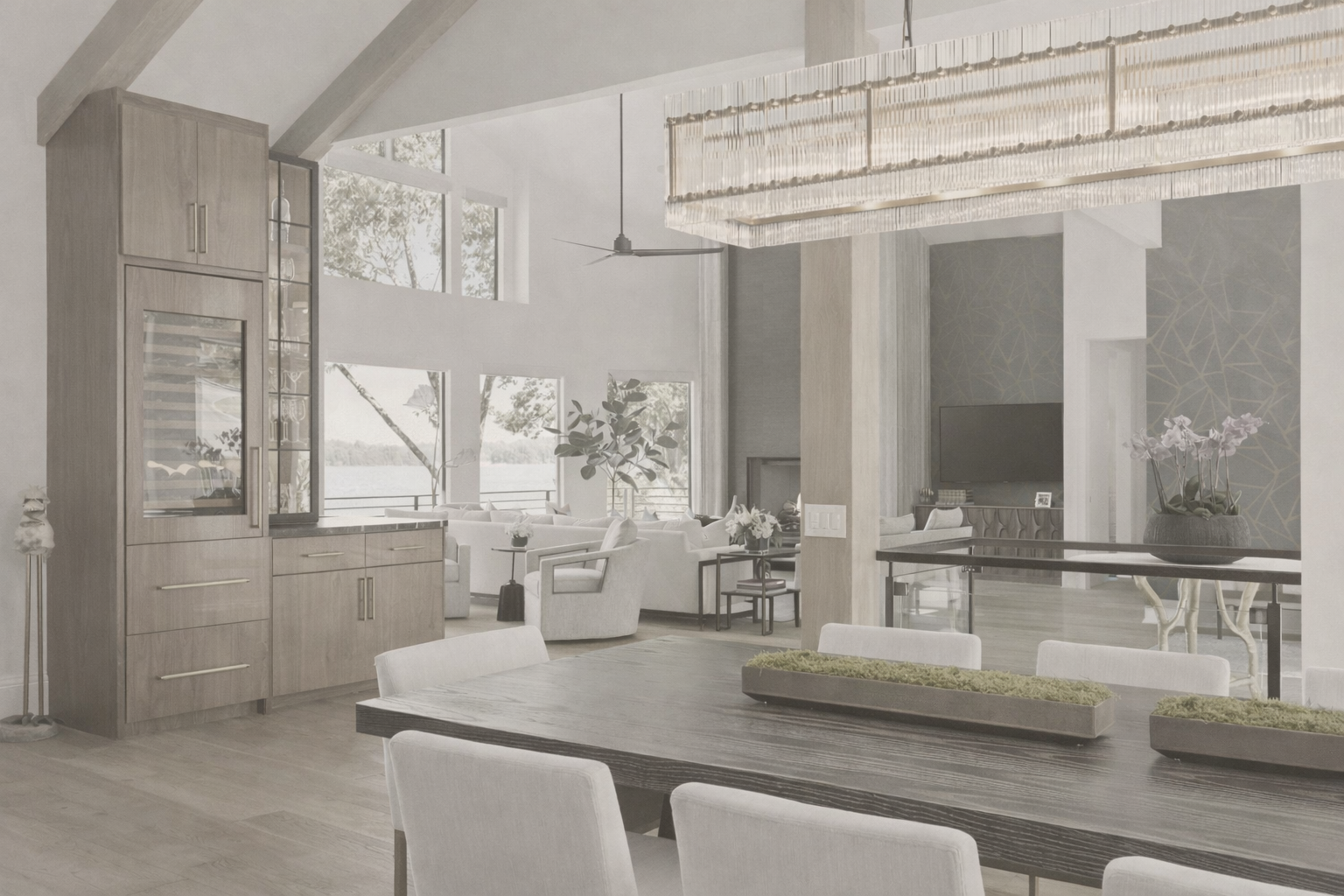 Open-concept living and dining area with large windows, modern chandelier, wooden furniture, white sofas, and decorative plants.