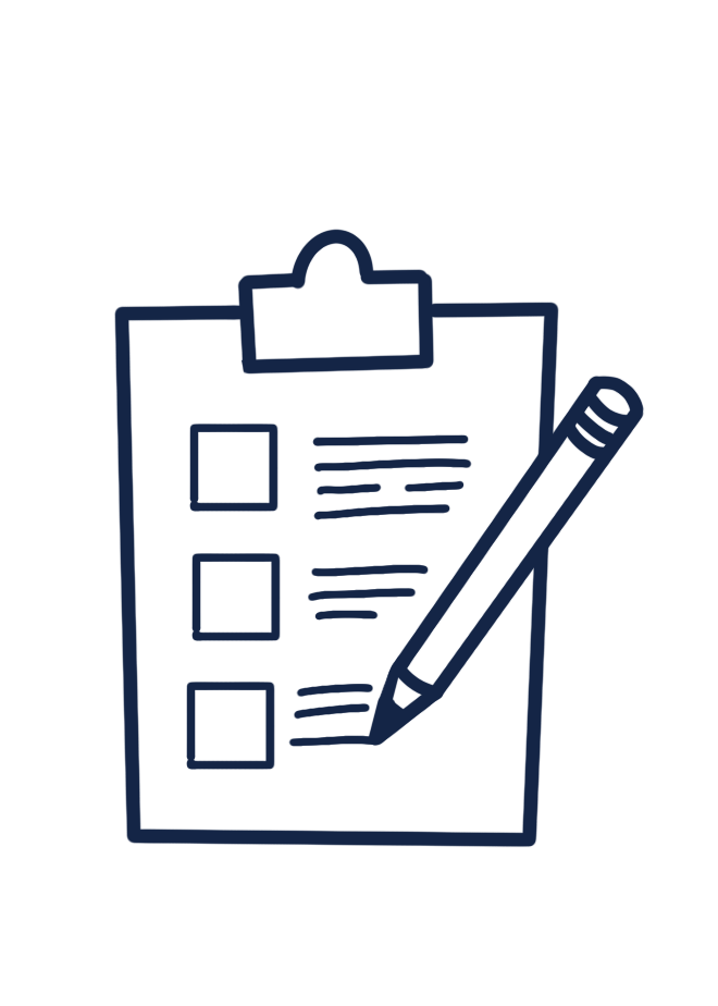 Outline of a clipboard with checkboxes and lines, and a pen pointing to the checklist.