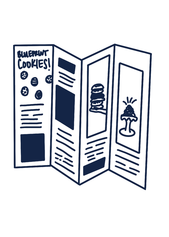 A trifold brochure featuring cookie illustrations, text about cookies, and graphics including a smiling face, a machine, and a mushroom.