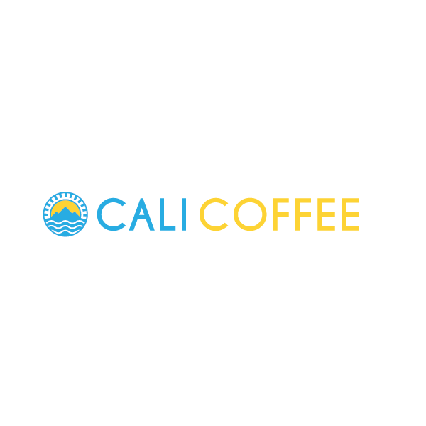 Logo for CALI COFFEE featuring a circular emblem with a sun, mountain, and water waves, with the text 'CALI COFFEE' in blue and yellow.
