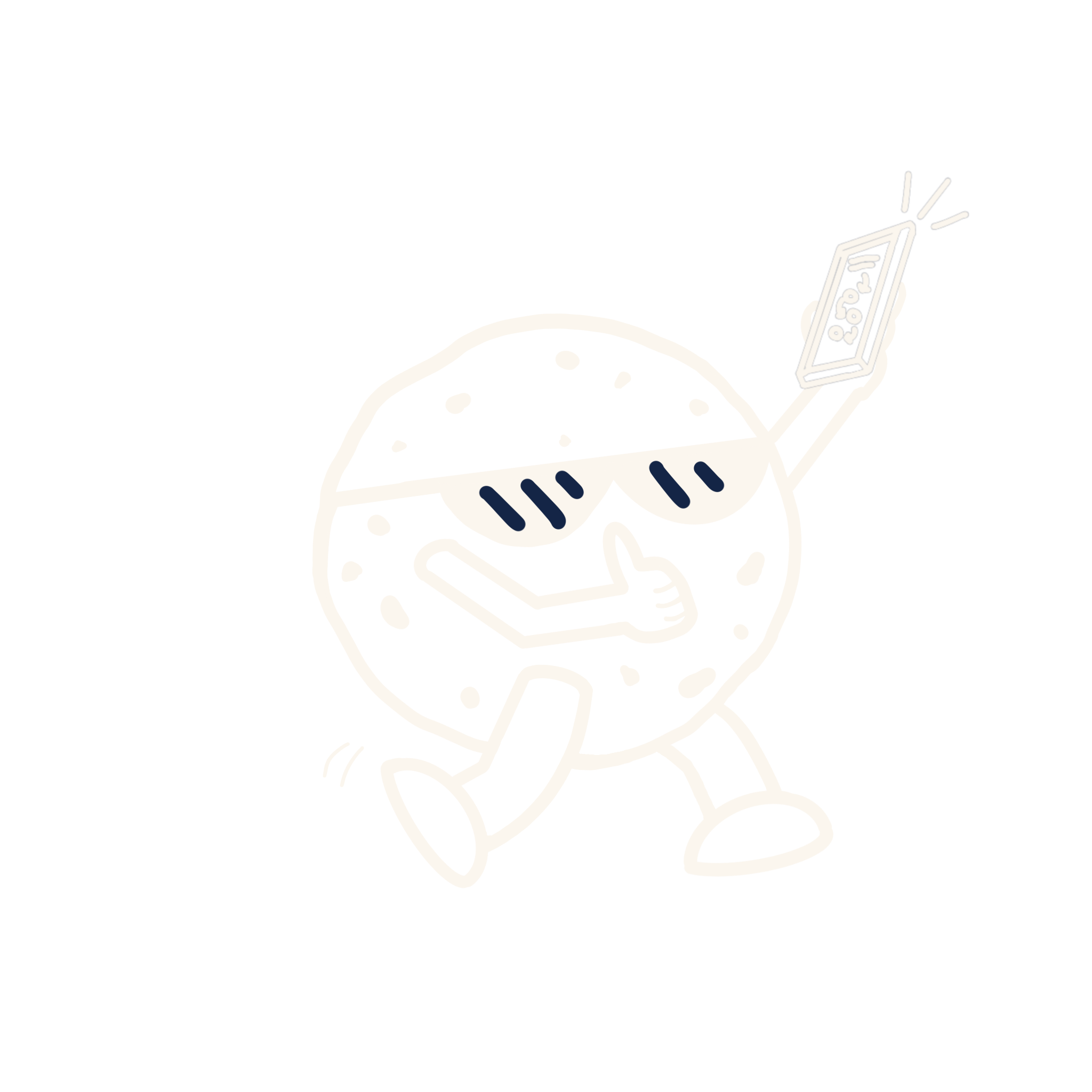 A cartoon personified donut wearing sunglasses, running with a thumbs up, holding a smartphone, on a black background.