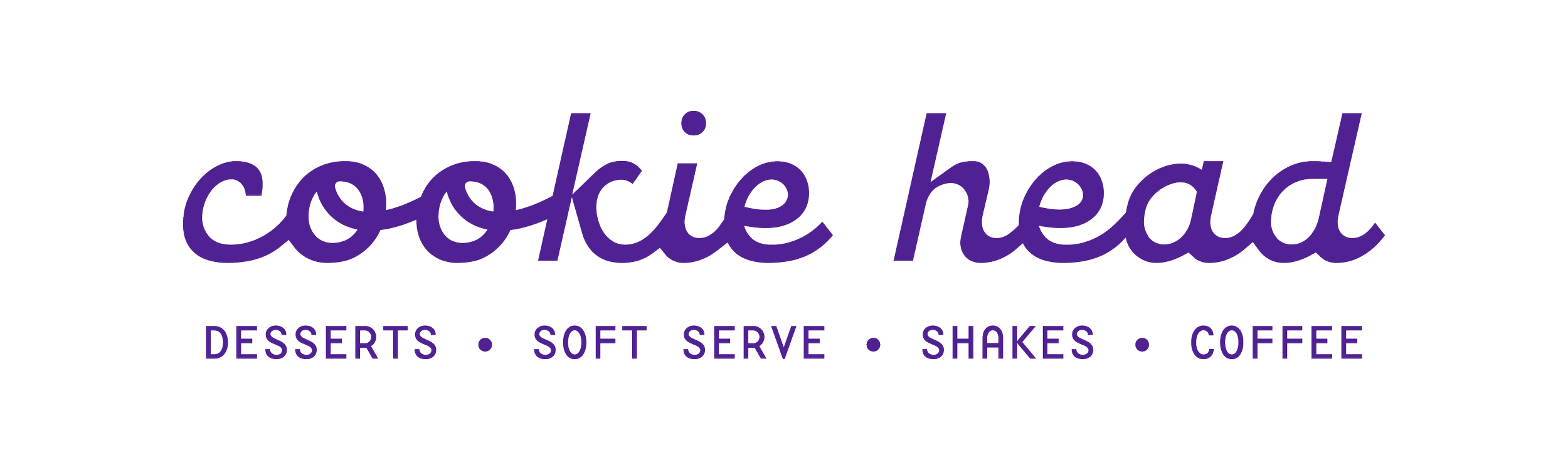 Logo for Cookie Head, a dessert and coffee shop, with the name in purple cursive font and menu items listed below.