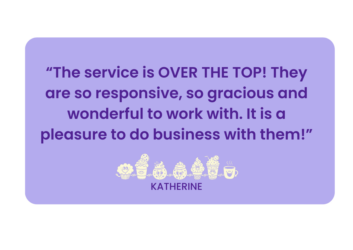 A purple speech bubble with a quote about excellent service, followed by the name Katherine and illustrations of various happy cup designs and a coffee mug.