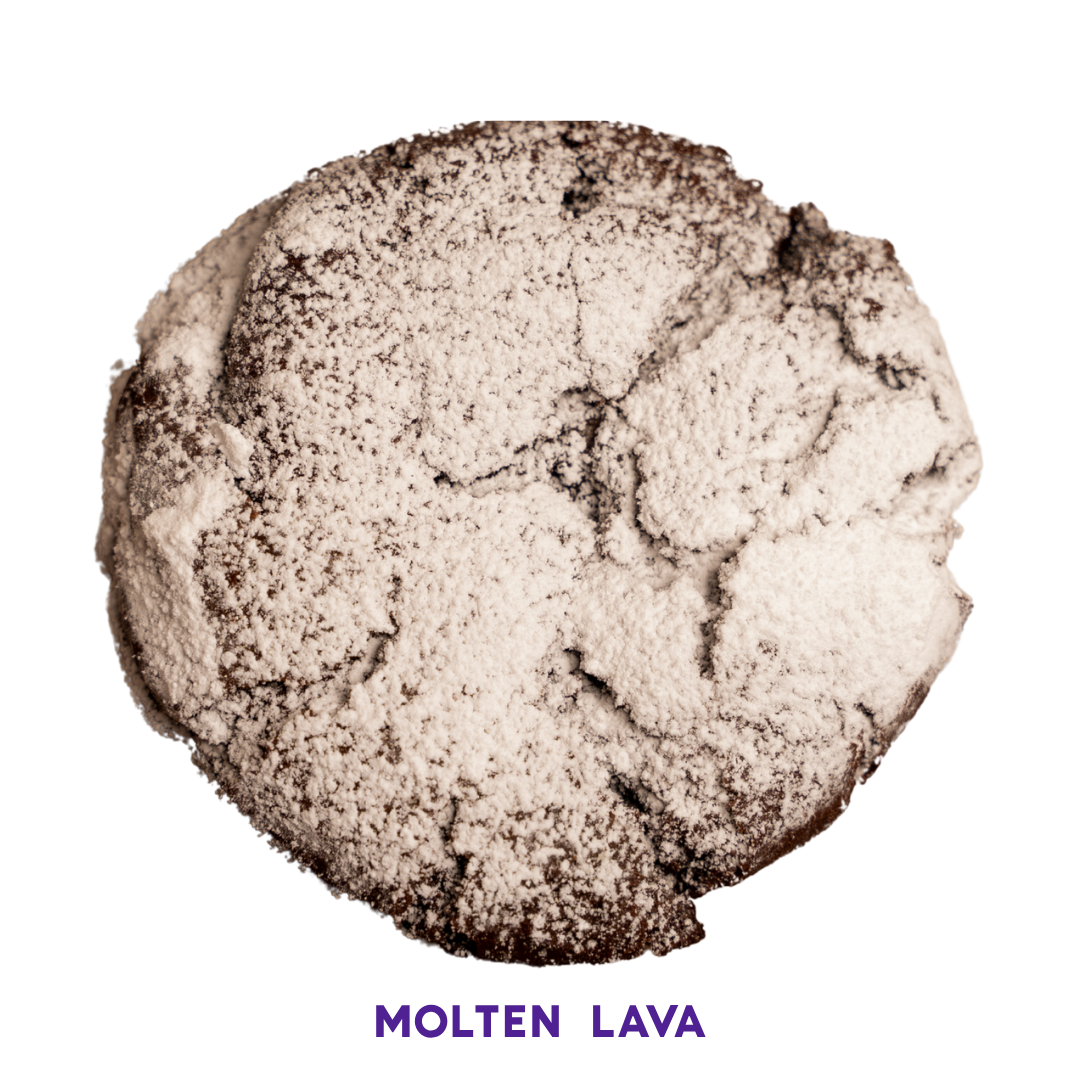 A close-up of a chocolate crinkle cookie covered in powdered sugar.