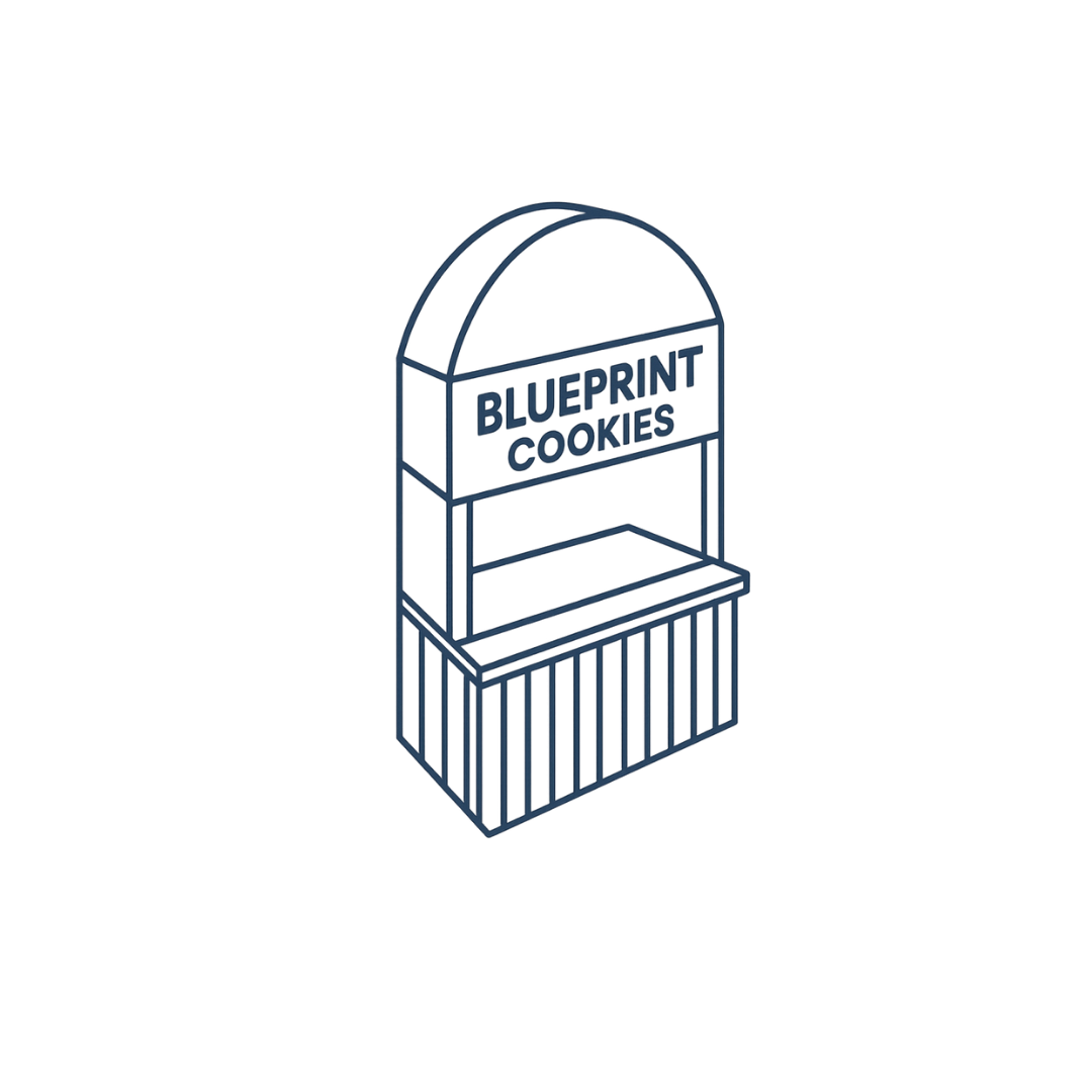 Line drawing of a kiosk labeled 'BLUEPRINT COOKIES'.