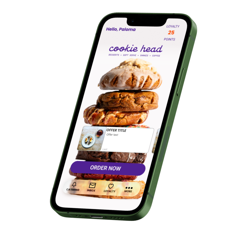 A smartphone screen displaying a cookie ordering app with images of various cookies, a greeting to Paloma, loyalty points, and an order button.