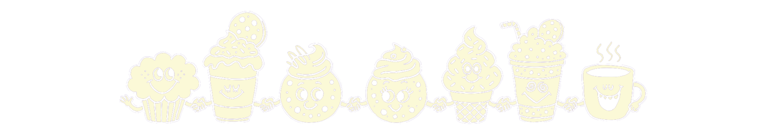 Line of animated desserts and a coffee mug holding hands, including a cupcake, milkshake, cupcake with sprinkles, ice cream cone, smoothie, and steaming coffee mug.