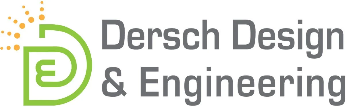 Logo for Dersch Design & Engineering featuring a stylized letter D with a green arrow, orange dots, and gray text.