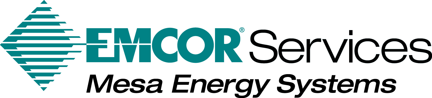 Logo of EMCOR Services, featuring a stylized diamond shape with horizontal lines and the company name in teal and black text.