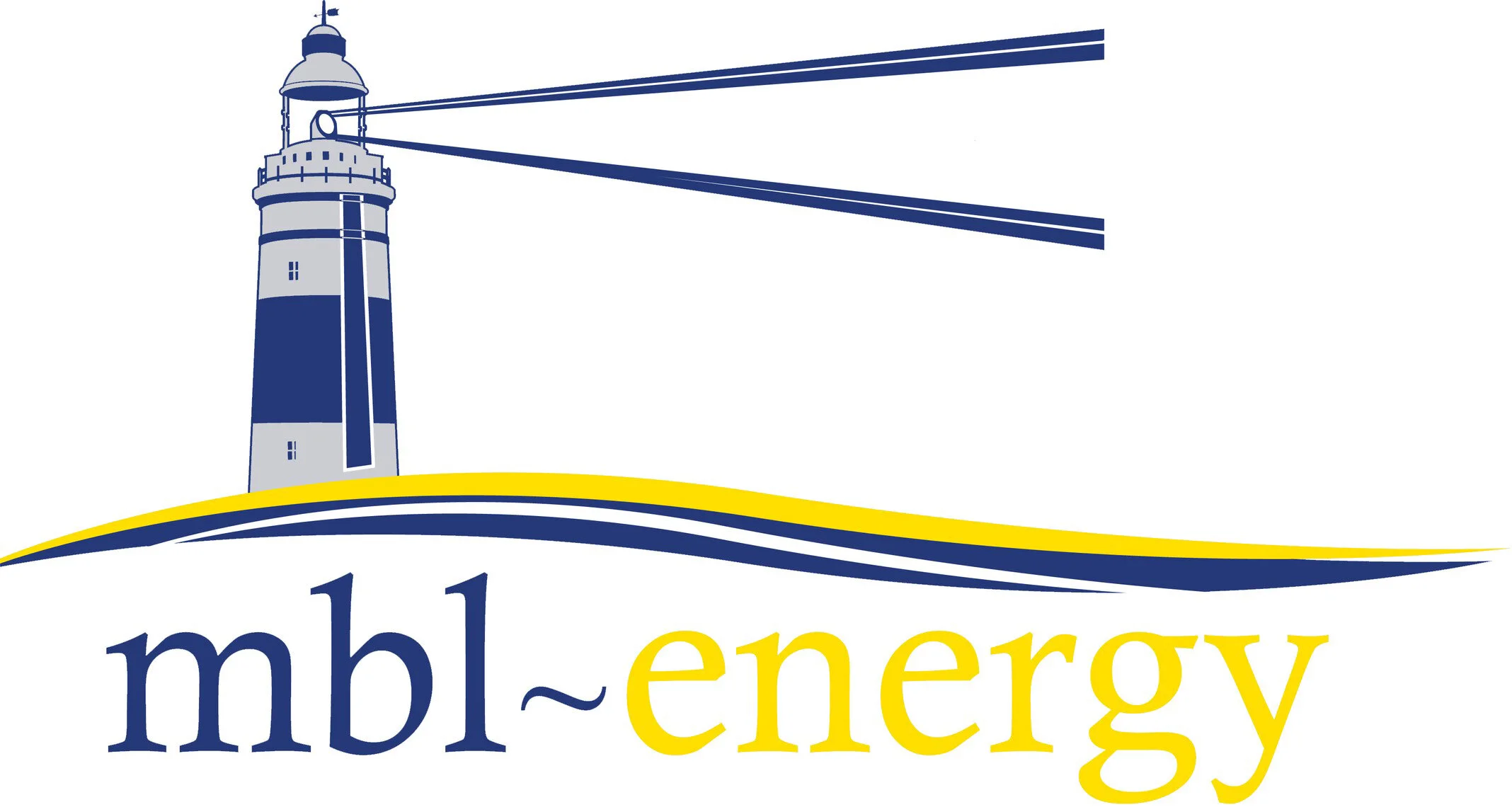 A lighthouse illustration with yellow and blue waves and the text "mbl~energy" below it.