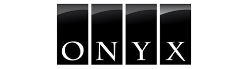 Four black overlapping rectangular blocks with the letters O, N, Y, X in white, spelling ONYX.