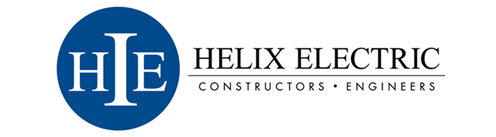 Logo for Helix Electric featuring a blue circle with a white 'HJE' and black text reading 'Helix Electric' with the tagline 'Constructors Engineers'.