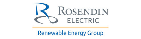 Rosendin Electric logo with blue and gray text and a yellow line, indicating renewable energy group.