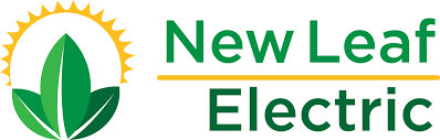 Logo of New Leaf Electric with a green leaf inside a yellow sunburst.