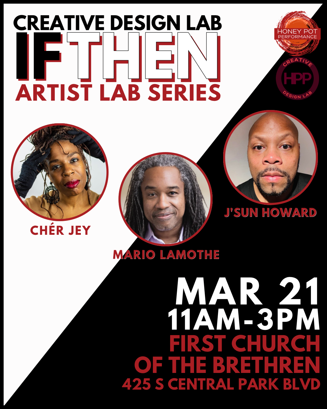 Creative Design Lab Artist Lab Series poster featuring Chér Jey, Mario Lamothe, and J’Sun Howard, promoting a Chicago movement workshop and performance event