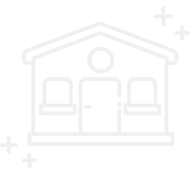 Simple line drawing of a house with a front door, two windows, and a circular window above the door, with decorative plus signs around.