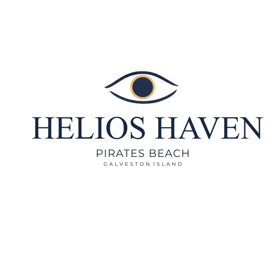 Logo for Helios Haven Pirates Beach in Galveston Island, featuring an eye design and text.