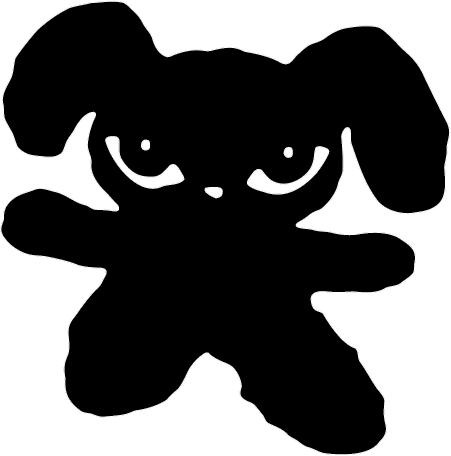 Silhouette outline of a teddy bear with large ears, small nose, and simple features on a black background.