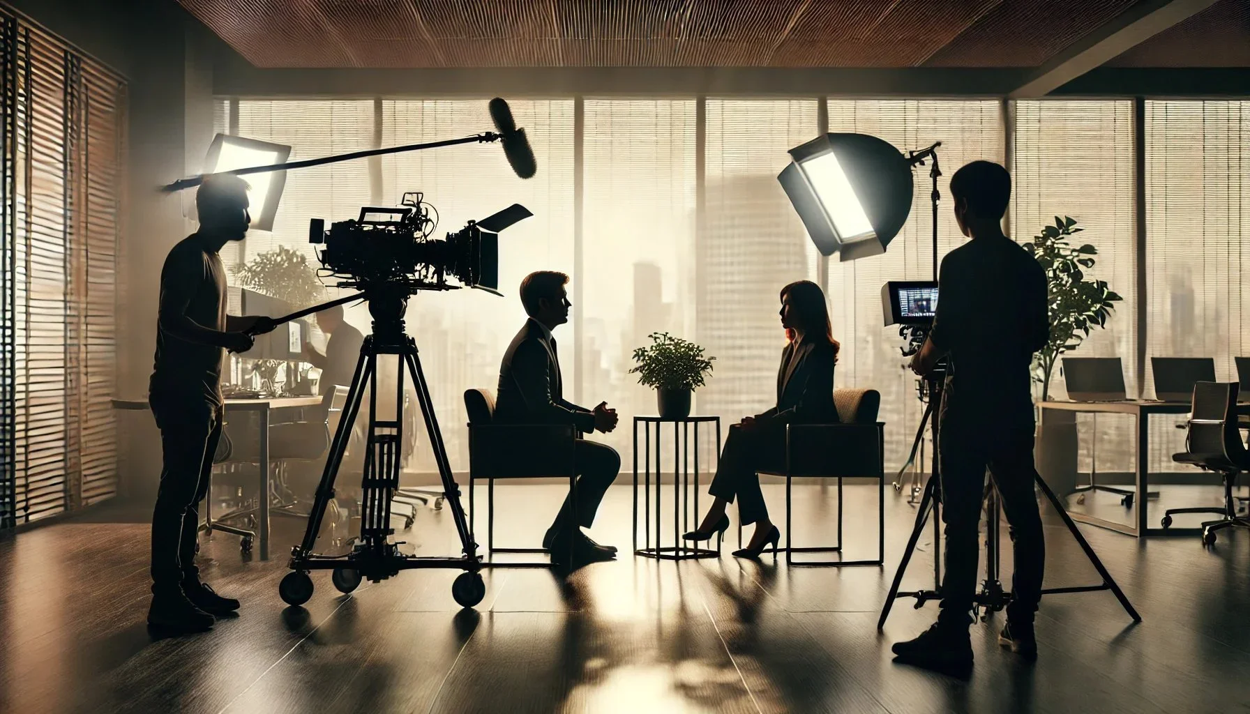 A film crew is filming an interview between a man and a woman in an office with large windows. Lighting equipment and cameras are present, with crew members operating the equipment.