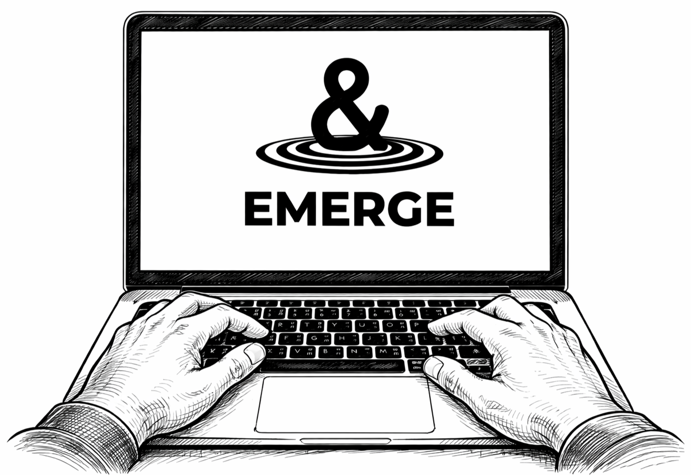 Black and white drawing of a person typing on a laptop with the screen displaying a logo of an ampersand and the word "EMERGE" underneath.
