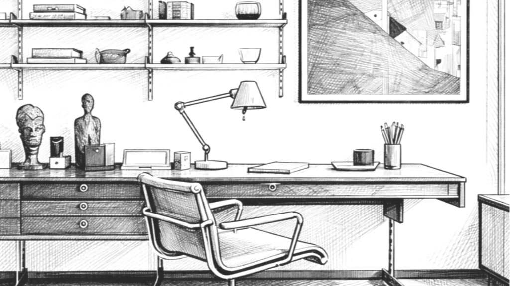 Sketch of a modern office desk and chair with shelves of books and decorative items, a framed artwork on the wall, and a window in the background.