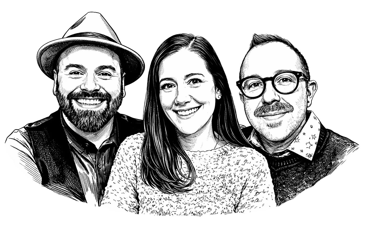 Black and white illustration of three smiling people, a man with a beard and hat on the left, a woman in the middle, and a man with glasses on the right.