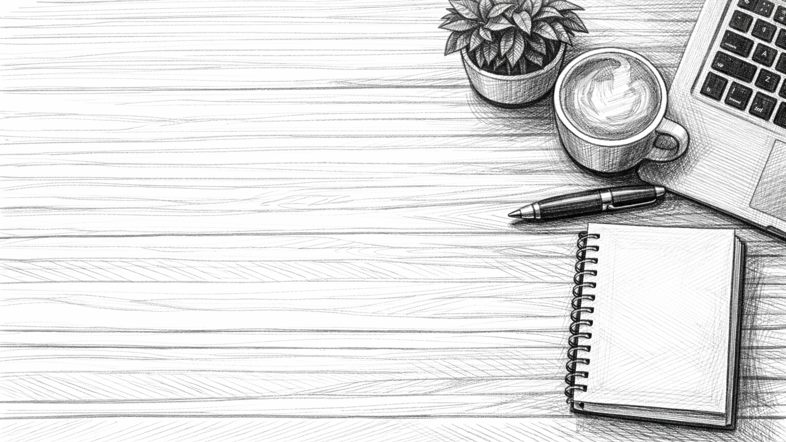 Sketch of a workspace with a potted plant, a cup of coffee, a laptop, a notebook, and a pen on a wooden desk.