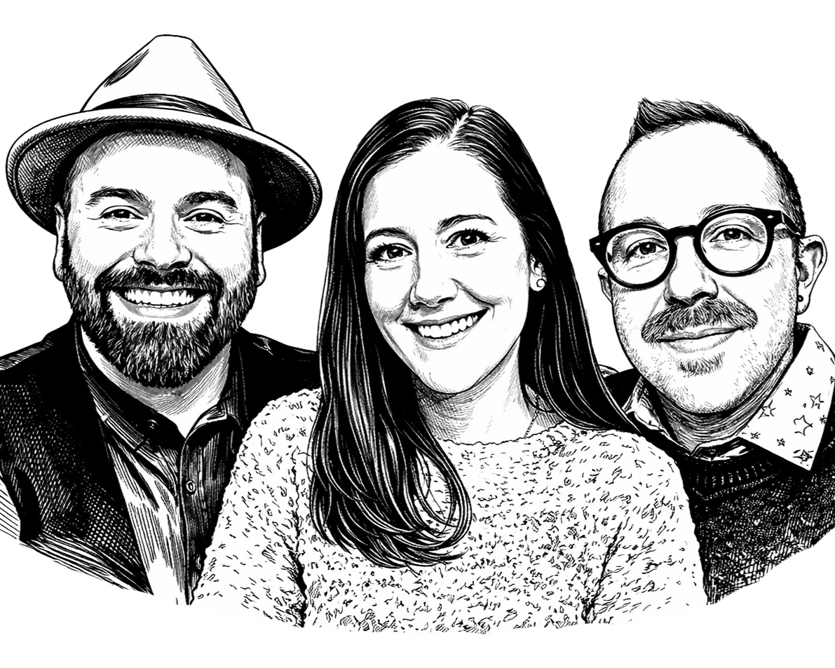 Black and white illustration of the founders of &Emerge.