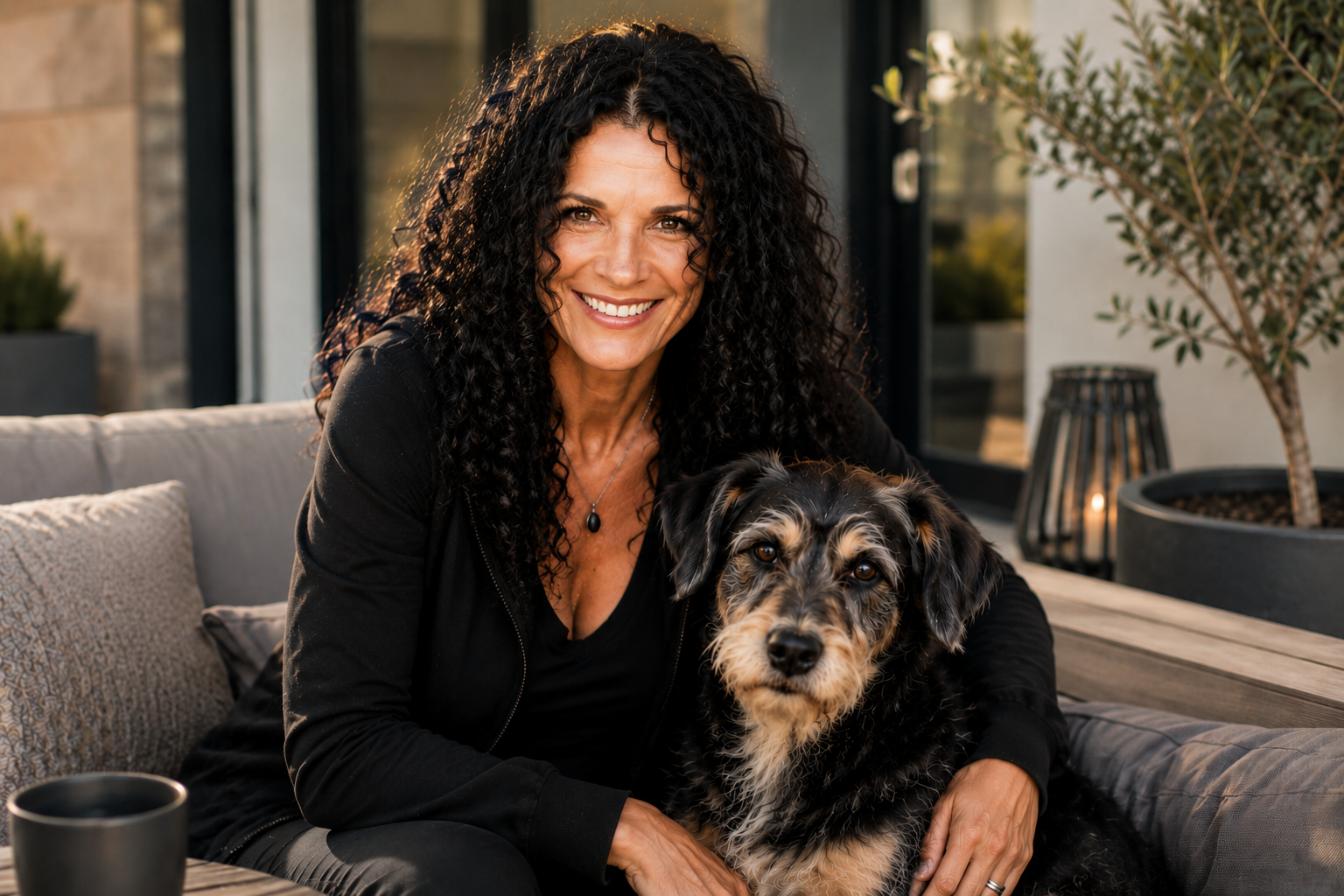Tanja Rücker mit Mischlingshund in ruhiger Atmosphäre – Kontakt für Hundetraining, Verhaltensbegleitung und individuelle Begleitung von Mensch-Hund-Teams.